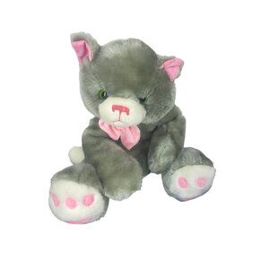 KellyToy Gray White Pink 12 Inch Stuff Plush Toy Cat Vintage